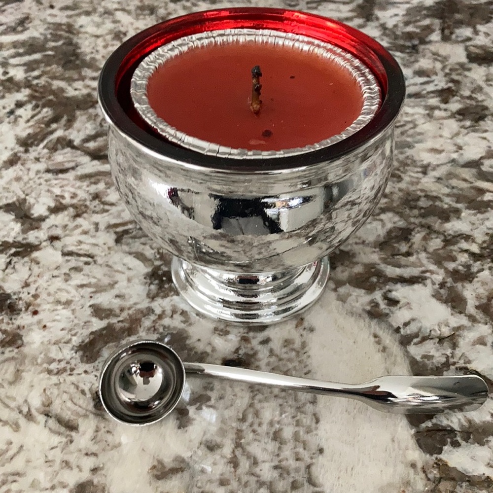 Candle in silver bowl holder with Mini ladle